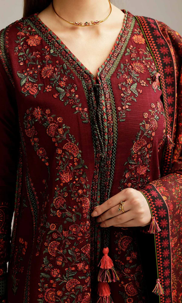 Hussain Rehar 3PC Heavy Embroidered Dhanak Suit with Printed Wool Shawl – Unstitched (FG - 12) - Image 2